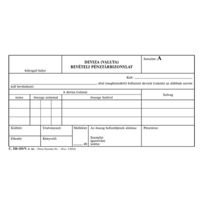 Deviza (valuta) bevételi pénztárbizonylat 50x3 lapos tömb 203x102 mm
